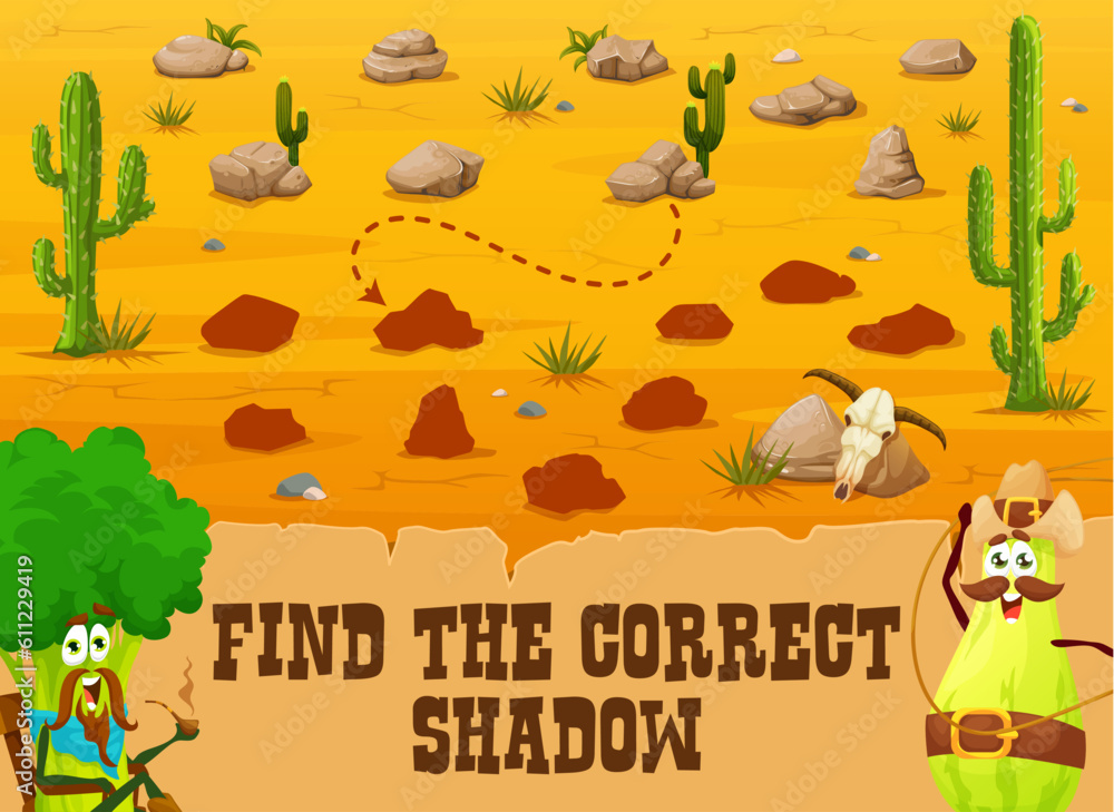 Poster western kids game find the correct shadow of stone in wild west desert. vector pastime worksheet rid