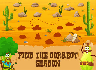 Western kids game find the correct shadow of stone in Wild West desert. Vector pastime worksheet riddle for logical mind development for kids. Matching quiz with rock shades, children logic activity