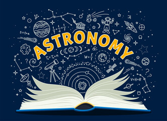 Astronomy textbook or school book, space study on chalkboard, vector education background. Astronomy open textbook with chalk doodle space planets, galaxy rockets, asteroids and astronomical formulas