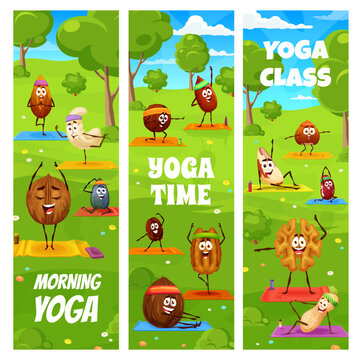 Kids yoga and fitness class, cartoon nuts characters on yoga. Vector banners with coffee or kidney bean, hazelnut, almond, coconut, pekan and peanut, brazil or macadamia. Sunflower or pumpkin seeds