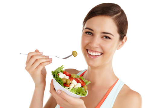 Healthy eating, portrait and woman with salad for lose weight diet on isolated, transparent and png background. Vegetarian, food and face of female nutritionist happy with raw, vegetables and recipe - Powered by Adobe