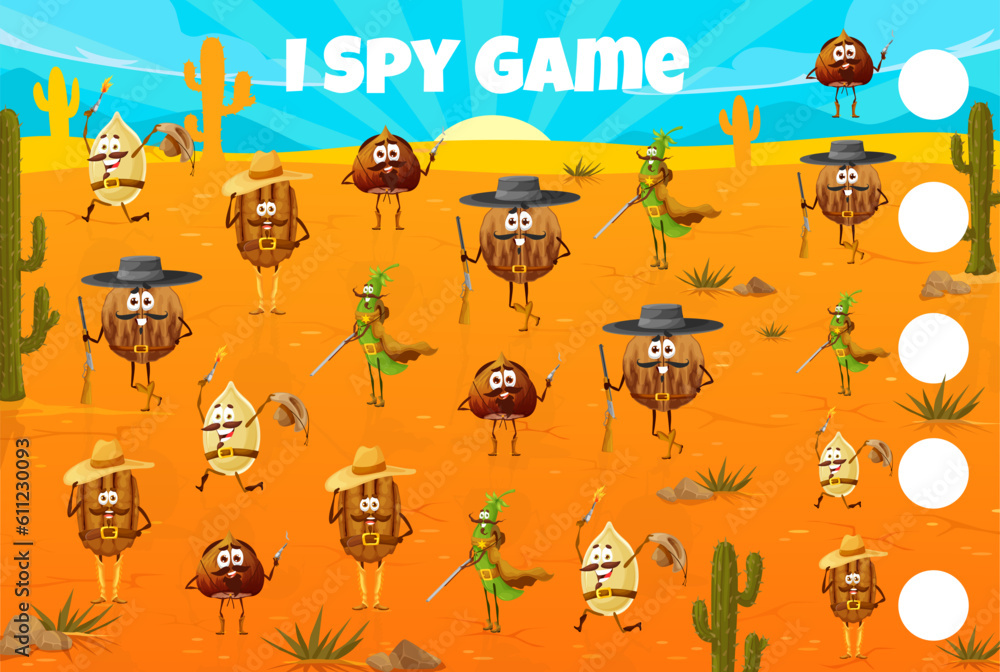 Aufkleber wild west i spy game worksheet cartoon cowboy bandit and ranger nut characters. kids counting quiz, 