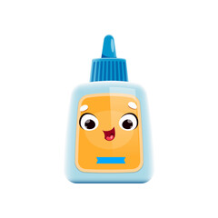 Cartoon glue, school character or mascot, back to school stationery supply, vector kids education. Cute funny happy cartoon bottle of glue, school education kawaii emoji or emoticon with face smile