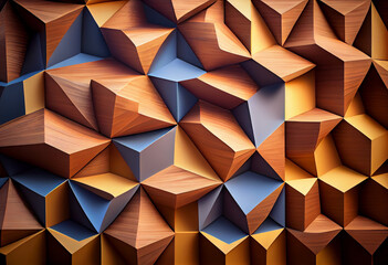Wooden background, pattern of wooden blocks segments, wall decor. Generative AI.