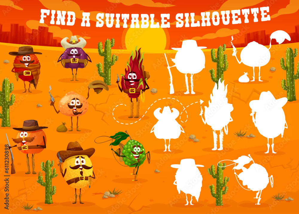 Wall mural Find suitable silhouette of cartoon sheriff, bandit, cowboy and ranger fruit characters, vector Wild West desert. Kids game worksheet or quiz puzzle to compare or find correct shadow of western fruits