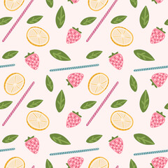 Cocktail seamless pattern. Mojito texture. Lemon, strawberries, and mint. Nice illustration for wrapping paper, decoration, textile. Vector