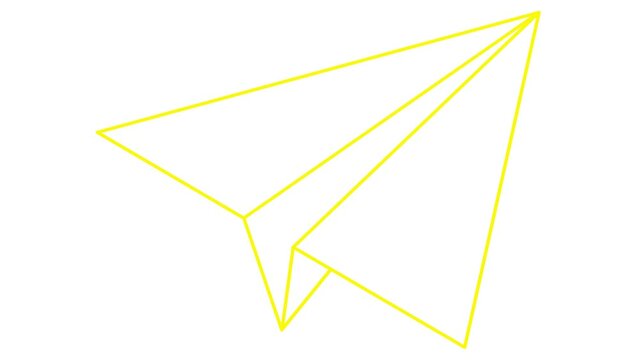Animated linear yellow icon of paper airplane. Symbol is drawn gradually. Concept of airplane travel, business, freedom. Looped video. Vector illustration isolated on a white background.
