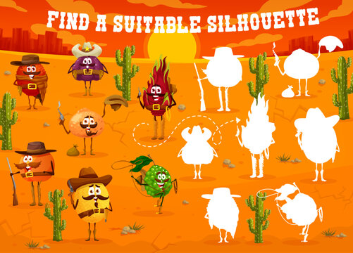 Find suitable silhouette of cartoon sheriff, bandit, cowboy and ranger fruit characters, vector Wild West desert. Kids game worksheet or quiz puzzle to compare or find correct shadow of western fruits