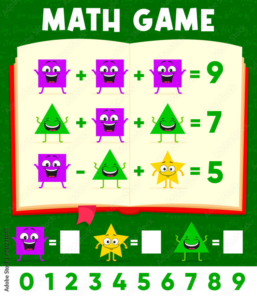 Poster cartoon math shape characters, math game worksheet or mathematics quiz, vector kids puzzle. funny sq