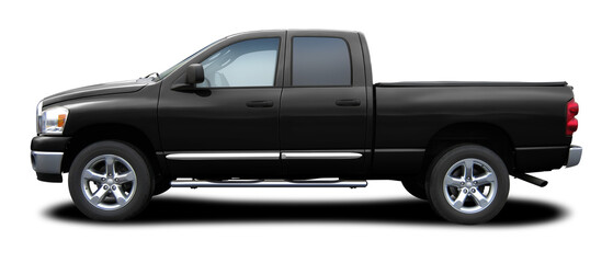 Modern powerful American black pickup truck, side view in png format.