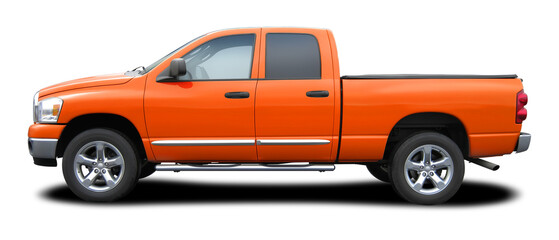 Modern powerful American orange pickup truck, side view in png format.
