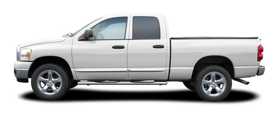 Modern powerful American white pickup truck, side view in png format.