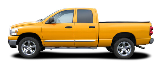 Modern powerful American yellow pickup truck, side view in png format.