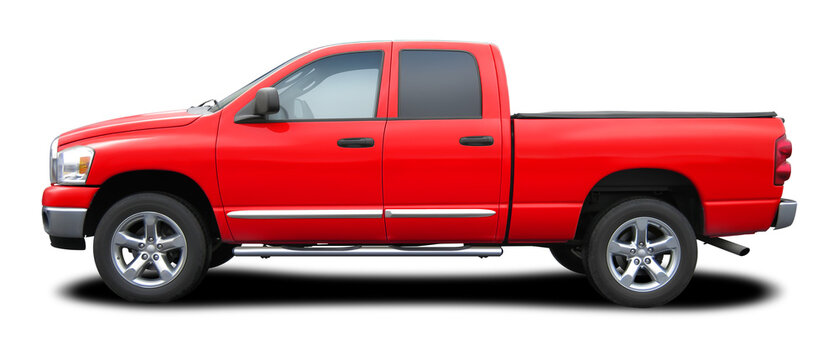 Modern powerful American red pickup truck, side view in png format.