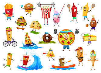 Funny cartoon takeaway fast food characters on sport. Vector french fries, burger, pop corn and tacos, chicken drumstick, cola, ketchup and mustard bottles, pizza, burrito, cocktail and pie personages