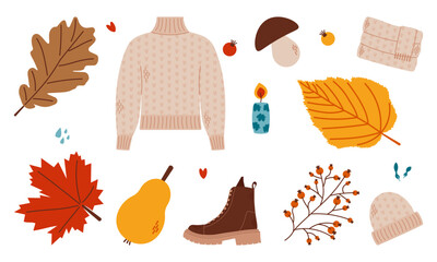Start of fall. Cozy autumn collection on a white background. Warm autumn season. Vector illustration.
