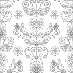 Seamless Pattern with Flower Inspired by Ukrainian Traditional Embroidery. Ethnic Floral Motif, Handmade Craft Art. Textile, Wrapping Paper, Wallpaper. Coloring Book. Vector Contour Illustration