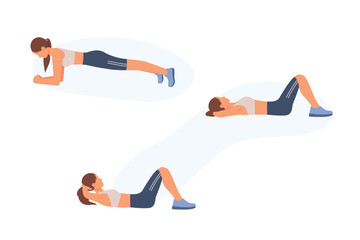 Basic exercises for training muscles of abdomen and back. Fitness alone. Female character does gymnastics for beautiful figure. Process of improving body using sports