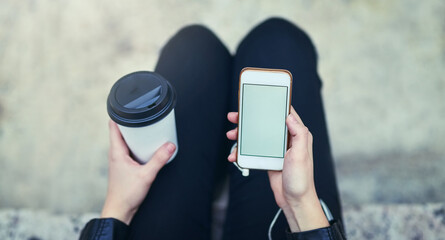 Top view mockup, hands and phone screen with coffee in city, internet scroll and social media...