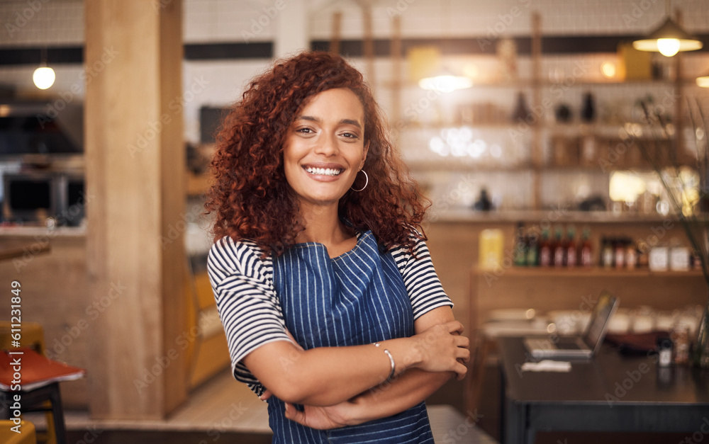 Canvas Prints Coffee shop, barista and portrait of woman in cafe for service, working and crossed arms. Small business owner, restaurant startup and happy female waitress with pride in cafeteria ready to serve