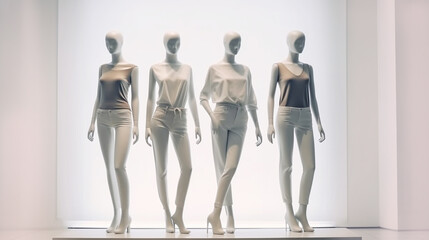 Female mannequins on a white background. Shop window. Women dolls. Fashion. Generative Ai