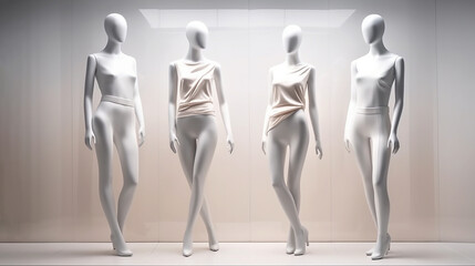 Female mannequins on a white background. Shop window. Women dolls. Fashion. Generative Ai - obrazy, fototapety, plakaty