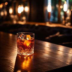 Single delicious Cocktail in top of a wooden table in a bar, dimly lit and bokeh background. Generative AI