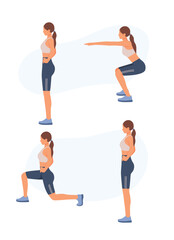 Fototapeta premium Lunges, squats, sequence of exercises. Fitness step by step, instruction manual. Basic poses. Female character does gymnastics. Process of improving body using sports