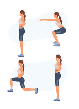 Lunges, squats, sequence of exercises. Fitness step by step, instruction manual. Basic poses. Female character does gymnastics. Process of improving body using sports