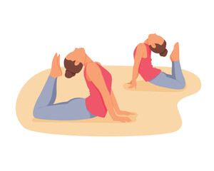 Active and healthy lifestyle. Woman stretches on mat with girl. Family daily fitness. Exercises on floor. Exercising indoor with kids. Strengthening of back muscles, load on spine