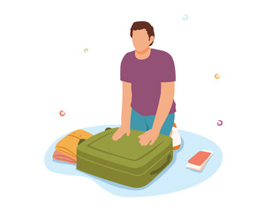 Packing suitcases to trip. Overflowing suitcase, excessive number of things. Male character closes green suitcase. Preparing baggage for vacation. Travel documents