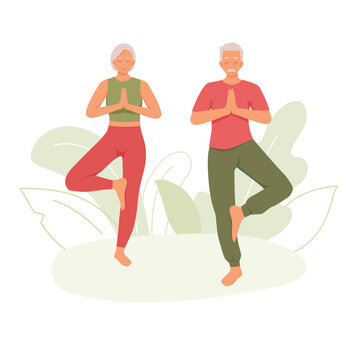 Elderly couple doing asanas together. Male and female character standing in tree pose, balancing yoga. Smiling senior people doing yoga. Balance and meditation. Exercise outside