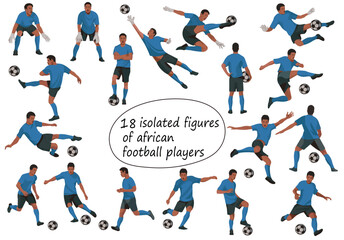 Vector figures of black football players and goalkeepers in blue T-shirts in various poses on a white background © ivnas