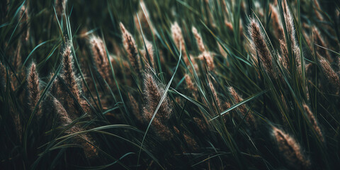 Close up of  green reeds, cane, pampas grass. Macro Shoot. Nature, herbal background. Boho design. Generative ai