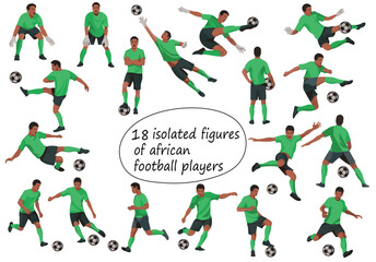 Fototapeta na wymiar 18 isolated figures of Nigerian footballers standing on goal, kicking the ball, catching the ball, running, jumping