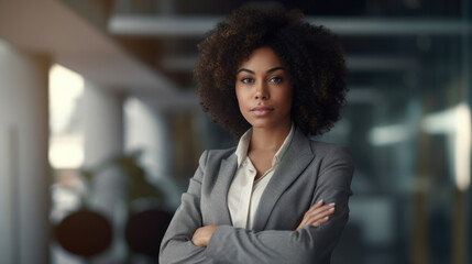 Bllack woman in a business suit standing in a confident pose. Woman's rights equality success of African-American people generative ai