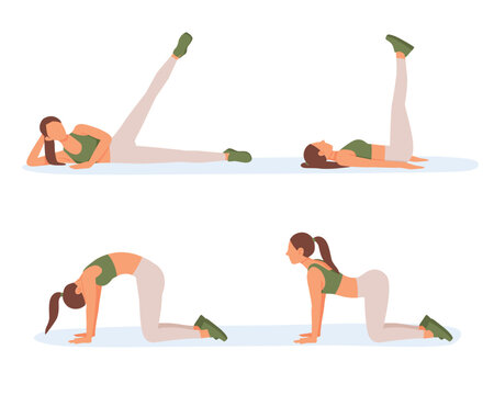 Athletic woman doing morning exercises. Exercises for back and leg muscles. Warming up and stretching. Fitness insoles. Female character does aerobics. Color vector image in flat style