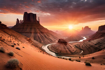 valley sunset with natural inlets and hills in the desert - obrazy, fototapety, plakaty