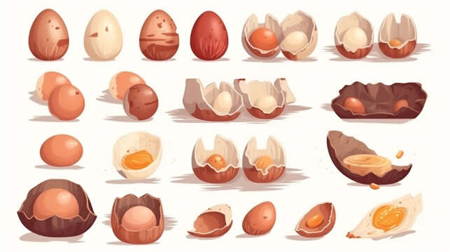A set of images of eggs in different packages and states. Boiled, broken, fried, scrambled eggs, quail egg. Farm food, agricultural production. Generative ai. 