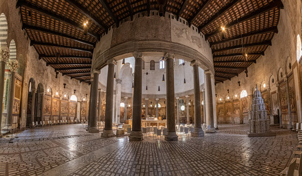 Interior View of  the Basilica of St. Stephen in the Round on the Caelian Hill (Chiesa Santo Stefano Rotondo ) is an ancient basilica and titular church in Rome, Italy.