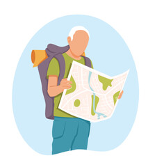 Excited backpacker with map. Male character is studying city map. Finding right way and positive emotions. Hiking tours for elderly. Color vector image in flat style