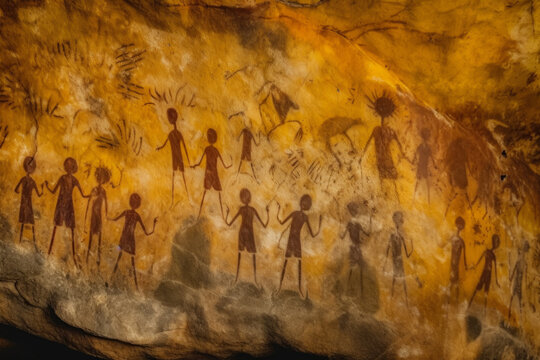 Prehistoric Rock Paintings Of Cavemen Of The Stone Age As A Background Created With The Help Of Artificial Intelligence