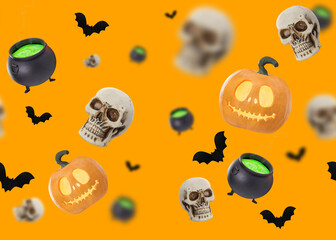 Seamless Halloween pattern. Halloween decoration on orange background. Pumpkin, bat, skull, deaths-head. Scary and spooky wallpaper, trick or treat, happy halloween. 3D rendering.