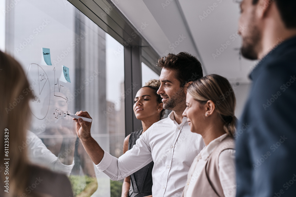 Aufkleber collaboration, brainstorming and business people writing on glass for planning, goal and mission in 