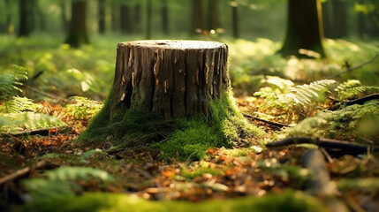 Obraz premium a tree stump in the middle of a forest. Generative Ai