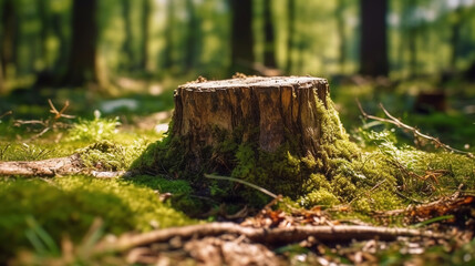 Obraz premium a tree stump in the middle of a forest. Generative Ai