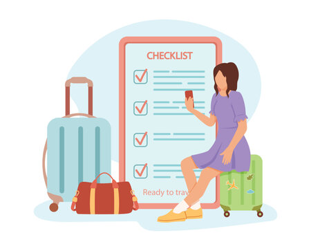 Journey checklist and dream of vacation. Female character checks if everything is necessary for trip. Hand luggage and large suitcases. Suitcase on wheels for tour abroad, travel presentation