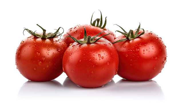 Tomatoes isolated on white. Tomato with drops. Full depth of field. Generative Ai