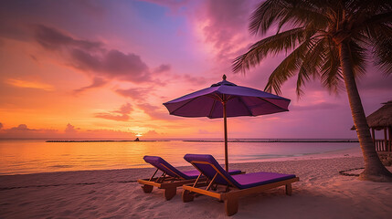 Beautiful tropical sunset scenery, two sun beds, loungers, umbrella under palm tree. Generative Ai
