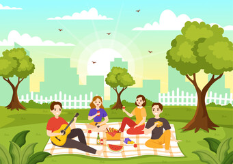 Obraz na płótnie Canvas Picnic Outdoors Vector Illustration of People Sitting on a Green Grass in Nature on Summer Holiday Vacations in Flat Cartoon Hand Drawn Templates